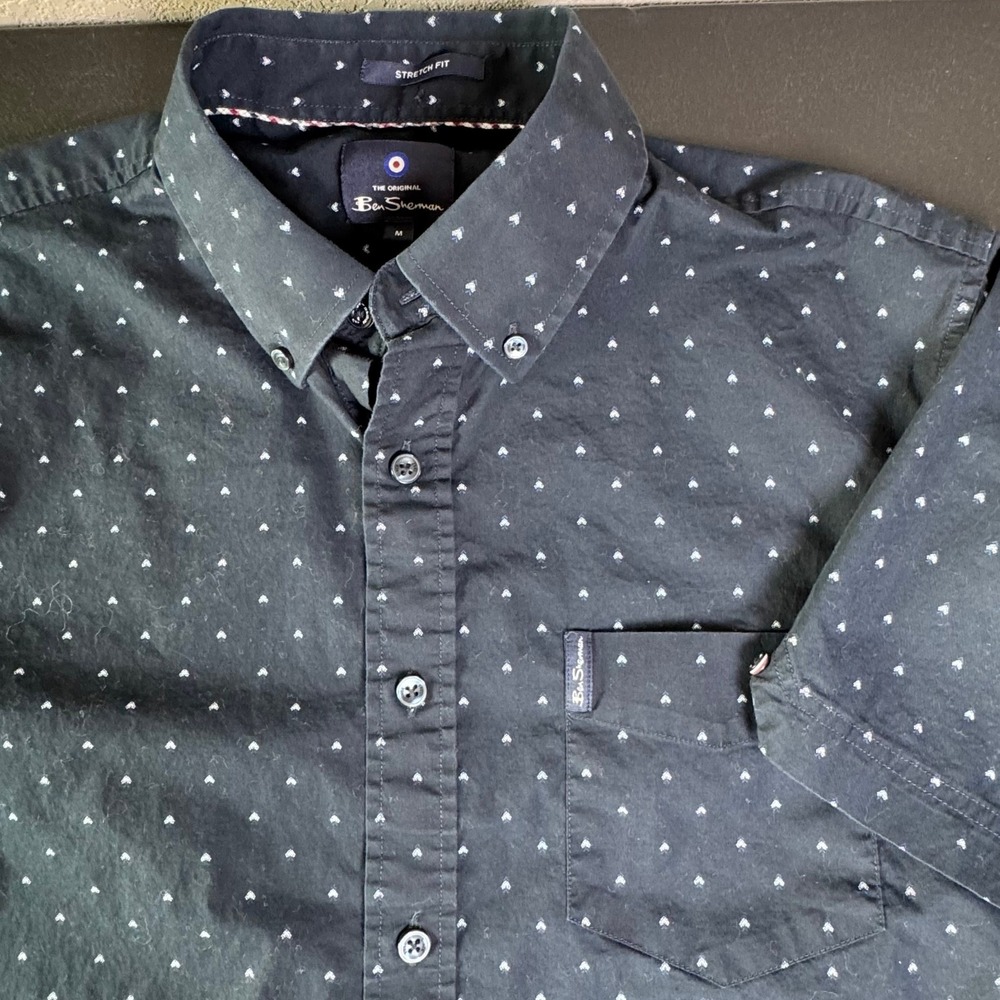 Ben Sherman Mens Navy Blue Geometric Micro‎ Print Short Sleeve Button Down L